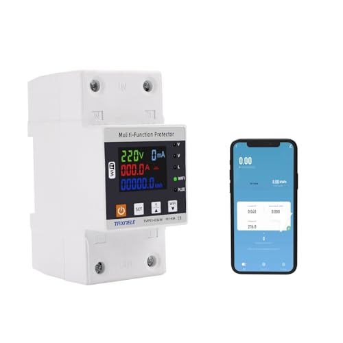 63A TUYA WiFi Smart Energy Meter Earth Leakage Over Under Voltage Protector Relais 230V 63A Circuit Breaker Timer Energy Power kWh Meter Smart Life Kompatibel mit Google Home und Alexa von TAXNELE