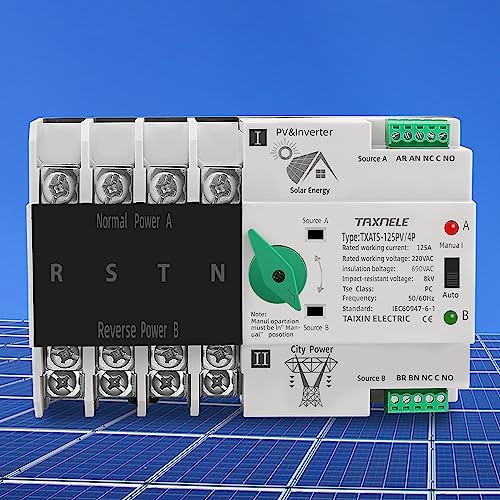 Dual-Power-Automatik-Transferschalter-Wahlschalter Unterbrechungsfreie Stromversorgung 4P 63A 100A 125A Photovoltaik Automatischer Wechselschalter DIN-Schiene ATS PV-Solar-Wechselrichter USV (125A) von TAXNELE