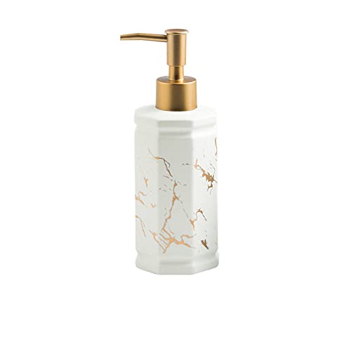 TAZYYZUU Flüssigseifenspender aus Keramik mit Marmor-Adern, nachfüllbare Pumpe nordischer Lotion in Gold for Küche und Bad, dekorativer sechseckiger Handseifenspender(White) von TAZYYZUU