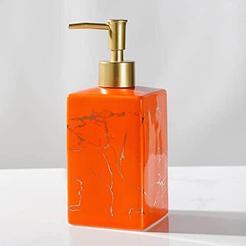 TAZYYZUU Flüssigseifenspender aus Keramik mit Pumpe for Badezimmer, Arbeitsplatte und Küche im Büro, Handseifenspender Porzellan nordischen Goldstreifen, dekorative Flüssigkeitsflasche(Orange) von TAZYYZUU
