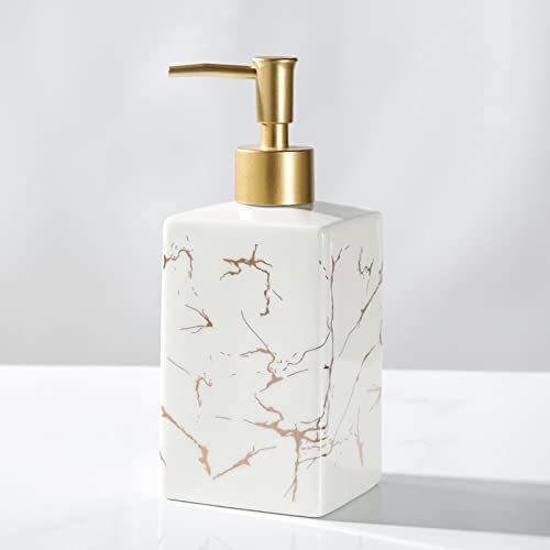 TAZYYZUU Flüssigseifenspender aus Keramik mit Pumpe for Badezimmer, Arbeitsplatte und Küche im Büro, Handseifenspender Porzellan nordischen Goldstreifen, dekorative Flüssigkeitsflasche(White) von TAZYYZUU