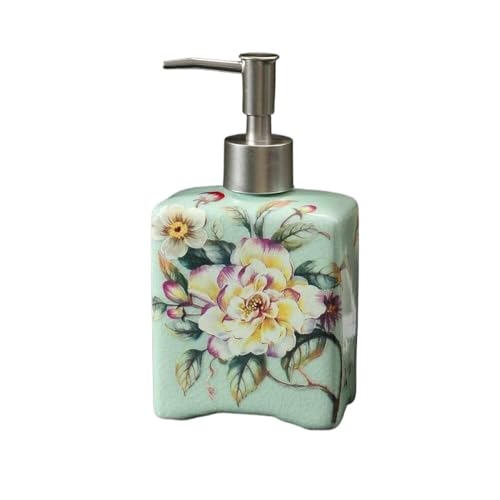 TAZYYZUU Orient handgemalte Ölgemälde Blumenlotion Pumpe Nachfüllbare Flasche for Küche Bad, Dekorativer Handseifenspender(Aqua Rose) von TAZYYZUU