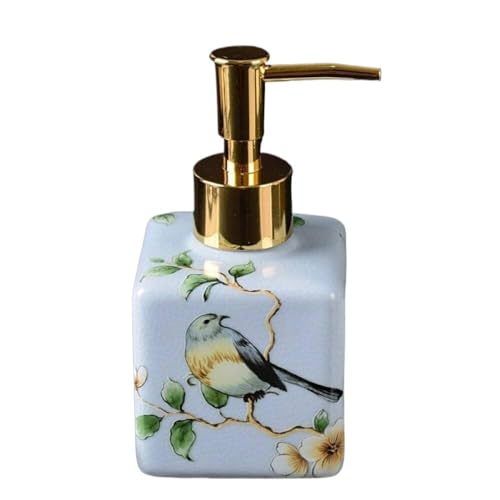 TAZYYZUU Orient handgemalte Ölgemälde Blumenlotion Pumpe Nachfüllbare Flasche for Küche Bad, Dekorativer Handseifenspender(Light Blue Bird) von TAZYYZUU