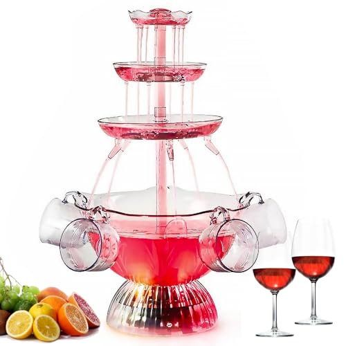 3-stufiger klarer Partybrunnen, Partybrunnen mit 5 wiederverwendbaren Bechern, LED-beleuchteter Sockel, Saft Und Weinbrunnen Trinkbrunnen für Kneipen, Hauspartys und Geburtstagsfeiern von TAZZOR