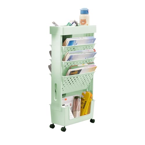 Bewegliches Bücherregal mit Rollen Mobiles Bücherregal mit 5 Ebenen Tisch Seiten Aufbewahrungskorb Wagen Schulsachen Organizer Büro-bücherregale Mobile Bookshelf Multifunktional Organization (Grün) von TAZZOR