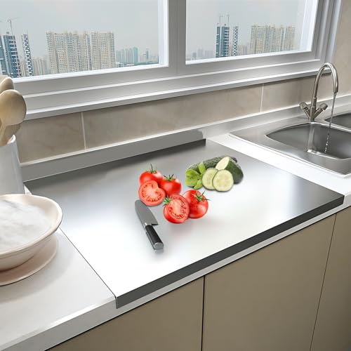 Großes Schneidebrett aus Edelstahl 50 x 50 x 0.15 cm Doppelseitiges Schneidbretter mit Anschlagkante Rutschfeste Cutting Board Küchen Arbeitsplatte für Fleisch Obst Gemüse Brot und Backen von TAZZOR