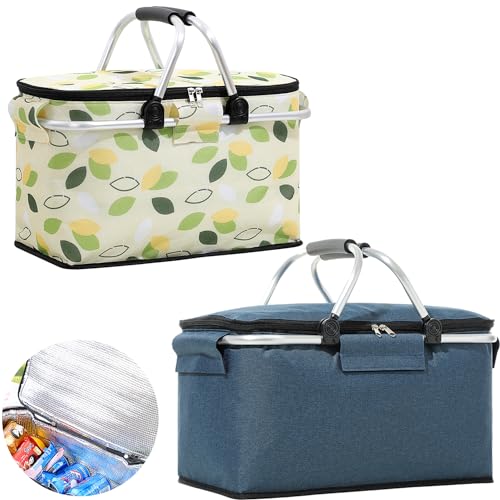 TAZZOR 2stk Picknicktasche 18L - Faltbarer Einkaufskorb und Kühltasche in Einem Praktischer Picknickkorb mit Deckel und Tragegriff - Ideal für Picknick, Einkaufen und mehr (Green Leaves + Navy Blue) von TAZZOR