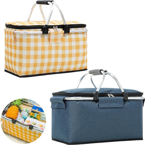 TAZZOR 2stk Picknicktasche 18L - Faltbarer Einkaufskorb und Kühltasche in Einem Praktischer Picknickkorb mit Deckel und Tragegriff - Ideal für Picknick, Einkaufen und mehr (Yellow Plaid + Navy Blue) von TAZZOR