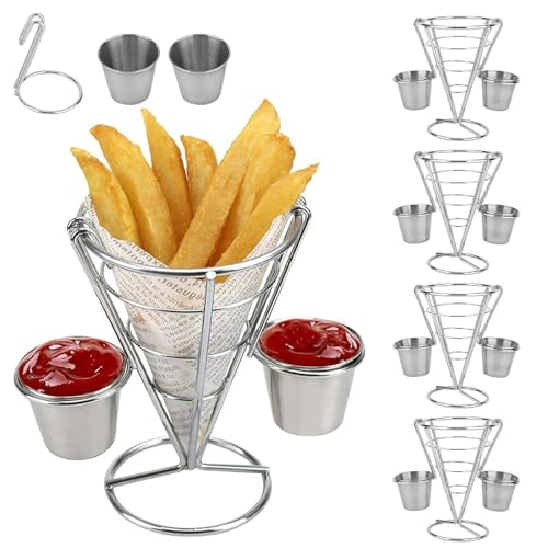 TAZZOR 4 Stück Pommestüten Halter mit Dip Schalen Abnehmbar, Pommes Korb & Dipschalen Set, Pommes Körbchen, Pommes Ständer, Servieren von Snacks mit Dipschalen für Spitztüten (Doppelt X 4) von TAZZOR