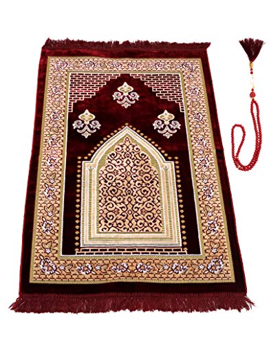 TB Muslimischer Gebetsteppich, dick, islamisch, Samt, Ramadan-Geschenk, mit Gebetsperle, einzigartige Dekoration, vergoldet, goldähnlich, bestickt für Frauen, türkisch, afrikanisch (laret rot) von tb