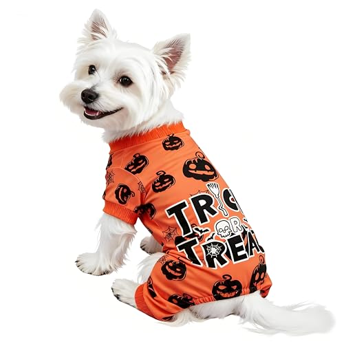 Hund Halloween Pyjamas Weiche Halloween Hundekleidung Kürbis Hunde Pjs Onesie mit Füßen Welpen Pyjamas für Kleine Mittlere Hunde Junge Mädchen Katze Bekleidung M von TBAMTBW