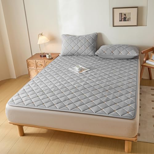 TBATM Gepolsterte Matratzenauflagen Doppel Ultraweich Atmungsaktive Angestrickte Bettauflage Mit 4 Elastischen Bettlakenbezügen Topper Bettwäsche,Grau,120x190cm von TBATM
