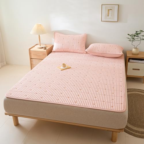 TBATM Matratzenauflage Queen Atmungsaktiv Rutschfester Matratzenschoner Mit Elastischen Bändern, Gesteppter Matratzentopper-Bezug Aus Roher Baumwolle, Waschbar,Rosa,120x200cm von TBATM