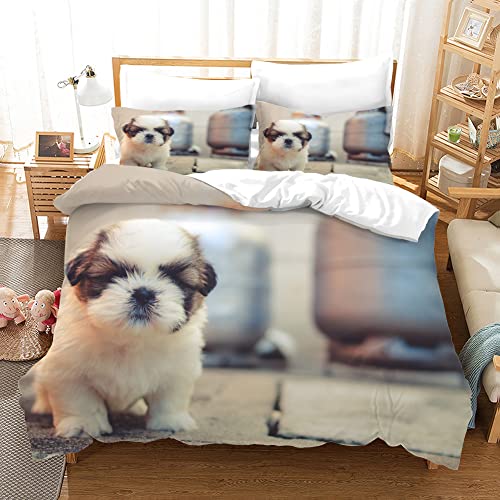 Bettwäsche 220x240 Weißer Shih Tzu 3D Doppelseitiger Druck Bettbezug Set für Erwachsene, Mikrofaser-Bettbezug mit Reißverschluss + 2 Kissenbezüge 80x80 cm von TBBDH