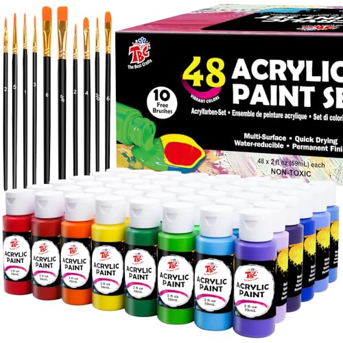 TBC Acrylfarben Set 48 x 60ml Acrylic Paint Set mit 10 Pinseln Wasserfest und Lichtecht Schnell Trocknend, Acrylfarbe für DIY Stein, Keramik, Holz, Leinwand von TBC The Best Crafts