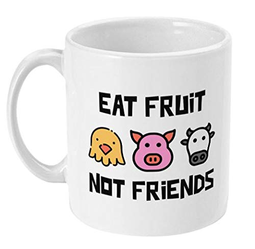 Tasse mit Aufschrift "Eat Fruit not Friends", veganes / vegetarisches Geschenk von TBC