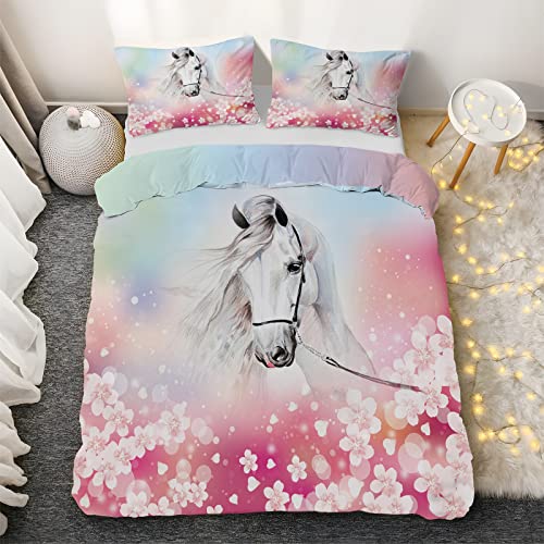 Bettwäsche 155x200 Rosa Pferd 110g/㎡ Microfiber Bettwäsche-Sets + 2 Kissenbezug 80x80 cm Kinderbettwäsche Mit Reißverschluss Kinder Jungen Mädchen Teenager von TBDXN