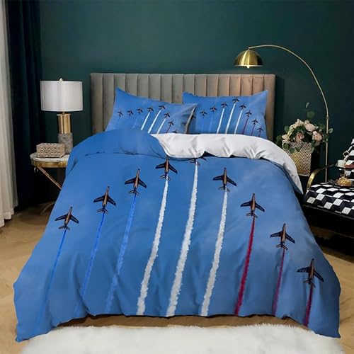 Flugzeug Bettwäsche 135x200cm 3 Teiliges Set Kinderbettwäsche 3D Effekt Kuschel Mikrofaser Bettbezug Blau mit Reißverschluss Deckenbezug für Jungen Mädchen mit 2 Kissenbezug 80x80cm von TBDXN