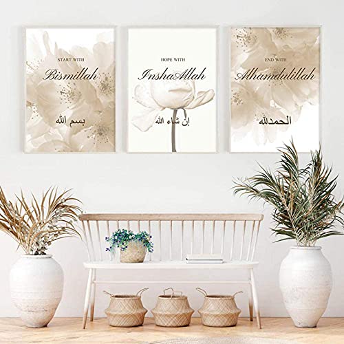 TBDY Arabische Kalligrafie Bismillah Blumenwand Islamische Leinwand Print Wall Art Painting Home Decor,Moderne Bilder Wohnzimmer Rahmenlos (40x50cm x3) von TBDY