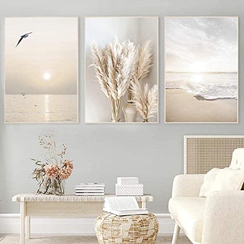 TBDY Leinwandplakate,3 Stück Wandkunst Beige Gras Sonnenuntergang Strand Palme Leinwand Malerei Nordische Poster Und Drucke Wandbilder Für Wohnzimmer Dekor Rahmenlos (40x50cm x3) von TBDY