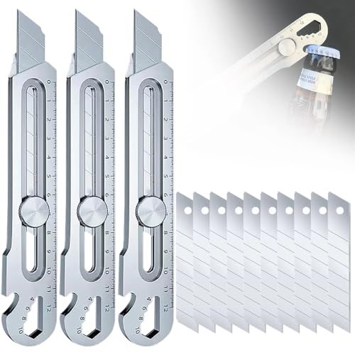 Profi Cuttermesser Set, 2025 Neu Edelstahl Universalmesser mit Extra 10 Pcs 18mm Abbrechklinge, Multifunktionales Mehrzweck Robuste Teppichmesser Druckguss Cutter Messer (3 Stück) von TBLMPNE