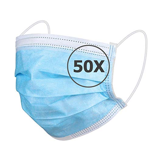 TBOC Einweg Hygienemaske - [Pack 50 Einheiten] Polypropylenmaske [Blau] 3 Lagen Weiche Leichte Atmungsaktive mit Nasenclip Gesicht Schutz Hohe Filtration Beständig Maske Nicht Wiederverwendbar von TBOC