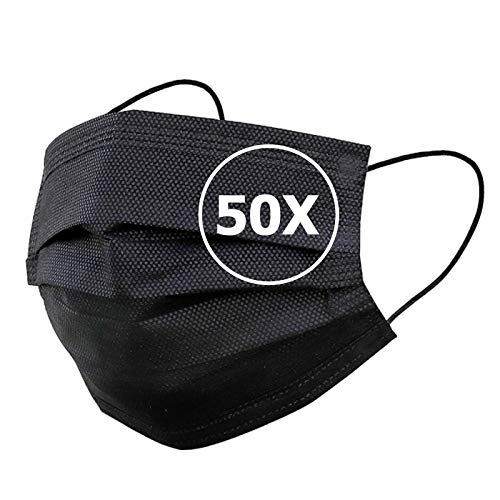 TBOC Einweg Hygienemaske - [Pack 50 Einheiten] Polypropylenmaske [Schwarz] 3 Lagen Weiche Leichte Atmungsaktive mit Nasenclip Gesicht Schutz Hohe Filtration Beständig Maske Nicht Wiederverwendbar von TBOC
