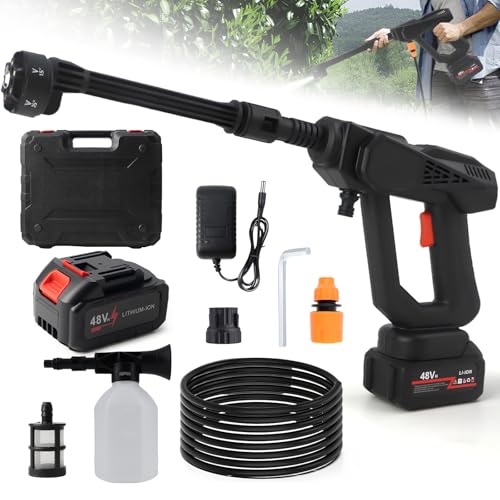 Akku Hochdruckreiniger,6L/Min,Mobiler Hochdruckreiniger mit 2 Wiederaufladbarem 7500 mAh Akkus,6-in-1-Düse und 5M Schlauch,Tragbar Druckreinigerpistole für Autos,Zäunen,Terrasse,Garten,Rasen von TBRFP