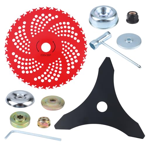 Freischneider Messer,9 Zoll 36T Hartmetall bestücktes Freischneidemesser & 10 Zoll 3T Hochleistungs-Trimmermesser-Kombination mit Universal-Adapter-Kit, Kompatibel mit Unkrautvernichter, Rasentrimmern von TBRFP