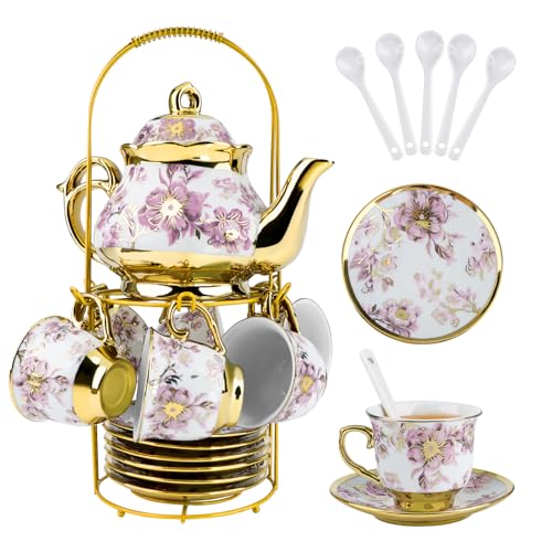 Teetassenset mit Metallhalter und Untertasse,20 Stück Europäische Keramik Teesets für Erwachsene,Blume Teetasse Untertasse 6er Set,700ML Teekanne,160ML Teetasse mit Goldblumenmalerei für Frauen Party von TBRFP