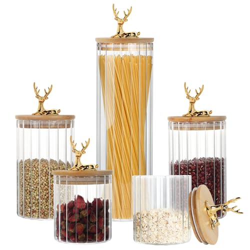 TBRFP Vorratsgläser mit Deckel,4.6L Vorratsdosen Glas mit Deckel,GlasbehäLter mit Deckel mn Form Eines Rehkitzes,5er Set Grosse zur KüChe GlasbehäLter für Spaghetti,MüSlispender,Kaffeebohnen BehäLter von TBRFP