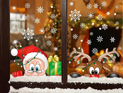 Gucken Santa Rudolph Fenster haftet Schneeflocken statische Aufkleber für Weihnachten Fenster anzuzeigen Aquarell Fensterbilder Weihnachten Selbstklebend Weihnachtsfensterbilder Doppelseitig von TBSCWYF