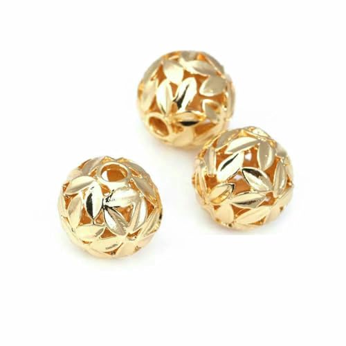 18 Karat Goldfarbe Messing hohl mit Blumenbaumblatt Runde Kugelperlen Armbandperlen Schmuckherstellung Zubehör Zubehör-43610-18 Karat Goldfarbe von TBSKUY
