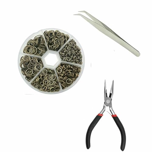 Ca. 1000 Stück offene Biegeringe in 6 verschiedenen Größen, 4,0 mm, 5 mm, 6 mm, 8 mm, 10 mm, 12 mm mit 1 Biegering-Öffnungs-/Schließwerkzeug für Heimwerkerarbeiten – Bronze – 6-Größen-Set von TBSKUY
