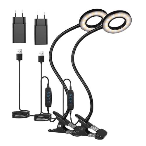 TBTeek LED Klemmleuchten, 48 LED Leselampe Bett Klemmbar, Augenpflege Schreibtischlampe, 3 Modi & 10 Dimmstufen, Klemmleuchte für Büro Heimgebrauch, CE Adapter Enthalten, Schwarz(2 Pack) von TBTeek