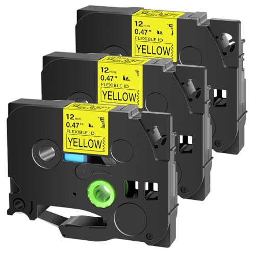 TBXwsofl Flexible ID-laminierte Bänder 12mm schwarz auf weißer kompatibel mit TZ Tze-FX231 FX631 FX131 Kompatibel mit PT-1000 PT-E500-Etikettierender(3PK Black on Yellow) von TBXwsofl
