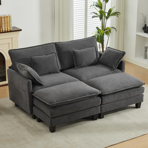 Modulares Sofa mit Schlaffunktion,Chenille Ecksofa Klein mit Dicken Polstern,Sofa L Form Set mit Couch Kissen,Bequemer Sessel Wohnzimmer Couch mit Hocker,Chaiselongue (Dunkelgrau, 197 cm L-Form) von TCGBKAF