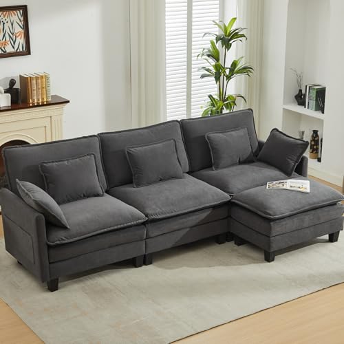 Modulares Sofa mit Schlaffunktion,Chenille Ecksofa Klein mit Dicken Polstern,Sofa L Form Set mit Couch Kissen,Bequemer Sessel Wohnzimmer Couch mit Hocker,Chaiselongue (Dunkelgrau, 287 cm L-Form) von TCGBKAF