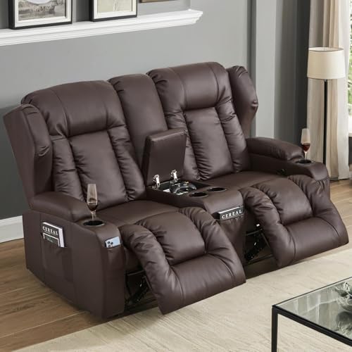 Relaxsessel Fernsehsessel mit Liegefunktion, Kinosessel 2 Sitzer Sofa Kunstleder mit Schlaffunktion, 2er Sofa TV Sessel Liegesessel Wohnzimmer mit Getränkehalter/Konsole (Braun, 167cm Zweisitzer) von TCGBKAF