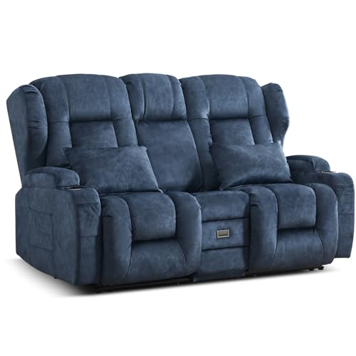Relaxsessel Fernsehsessel mit Liegefunktion, Kinosessel 2 Sitzer Sofa Kunstleder mit Schlaffunktion, 2er Sofa TV Sessel Liegesessel Wohnzimmer mit Klappkonsole/Getränkehalter (Blau, 172cm Zweisitzer) von TCGBKAF