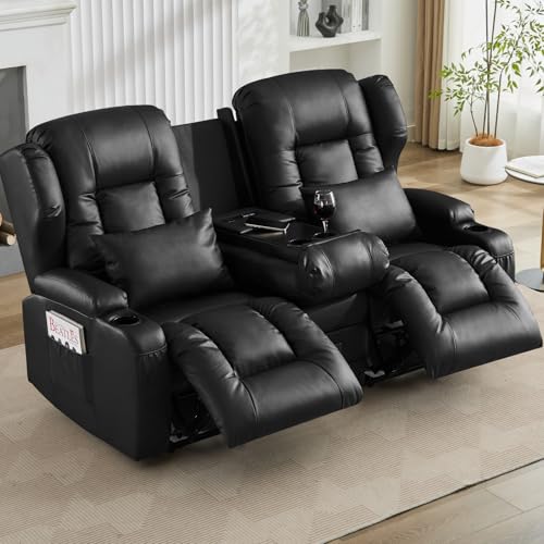 TCGBKAF Kinosessel 2 Sitzer Relaxsessel Fernsehsessel mit Liegefunktion,Kunstleder Fernsehsessel Verstellbar 2er Relaxsofa mit Klappkonsole, 2 Sitzer TV Sessel Liegesessel Wohnzimmer, Schwarz von TCGBKAF