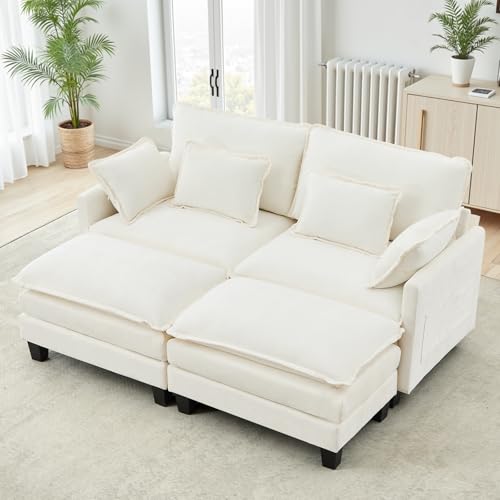 TCGBKAF Modulares Sofa mit Schlaffunktion,Chenille Ecksofa Klein mit Dicken Polstern,Sofa L Form Set mit Couch Kissen,Bequemer Sessel Wohnzimmer Couch mit Hocker,Chaiselongue (Beige, 197 cm L-Form) von TCGBKAF