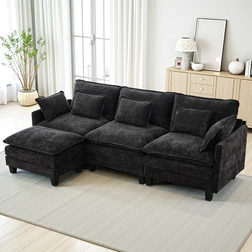 TCGBKAF Modulares Sofa mit Schlaffunktion,Chenille Ecksofa Klein mit Dicken Polstern,Sofa L Form Set mit Couch Kissen,Bequemer Sessel Wohnzimmer Couch mit Hocker,Chaiselongue (Schwarz, 287 cm L-Form) von TCGBKAF