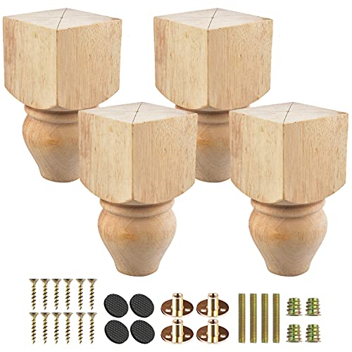 TCHOSUZ 12cm / 5 Zoll Holz Möbelfüße, 4er Set Klassisch Spindel Unlackiert Massivholz Tischbeine Kugelfüße mit M8 Bolzen & & T-Muttern DIY Ersatz für Sofa Bett Schrank Ottomane von TCHOSUZ