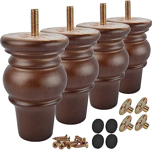 TCHOSUZ 4 Zoll / 10cm Holz Möbelfüße, Solid Walnuss Bun Füße mit M8 Bolzen, Moderne Mid-Century Geschnitzte Sofa Couch Füße Möbel Ersatz Beine für DIY Schrank Stuhl Ottoman, 4er Set von TCHOSUZ