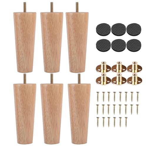 TCHOSUZ 8 cm Möbelfüße, 6 Stück - Holz Tischbeine für Möbel Kommode, Ottomane, Couch, Stuhl, Fernsehschrank & Badezimmerschrank - Konische Ersatzbeine mit Gummipads (3 Zoll, Holzfarbe) von TCHOSUZ