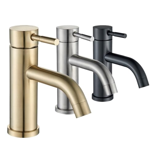 Kompatibel Mit Senlesen Mattschwarzer Badezimmer-Waschbeckenhahn Aus Messing, Deckmontage, Kurzer Oder Hoher Mischbatterie For Heißes Und Kaltes Wasser, Kran For Aufsatzwaschbecken(Brushed Gold) von TCHWLGXS