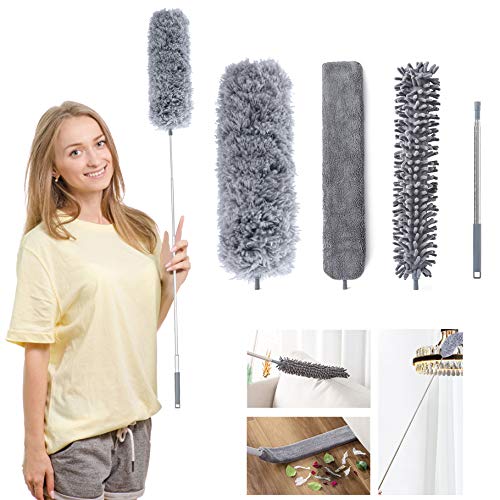 TCJJ 3 Pcs Staubwedel Teleskop Mikrofasern,Waschbar Staubwischer Staubbesen Extra lang 100 Zoll ，Eausziehbar StaubbüRste Zur Decken Spinnweben und Staub ，Edelstahl Teleskopstiel Eckbesen von TCJJ