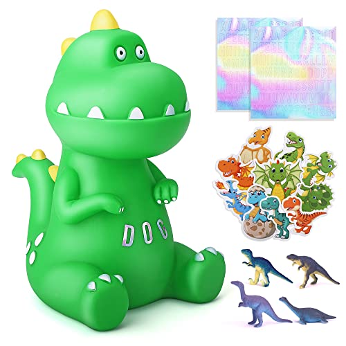 TCJJ Sparschwein Kinder, Dinosaurier Spardose Kinder Jungen,Sparbüchse Für Kinder mit 2 Alphabet,10 Dinosaurier Aufkleber,4 Dinosaurier Spielzeug Set, Jungen Geschenke für Geburtstag,Weihnachten von TCJJ