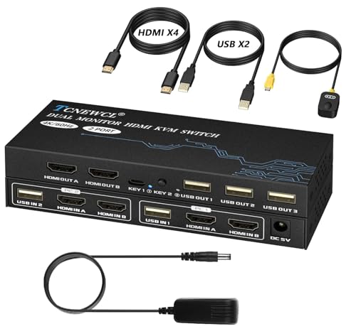HDMI 2.0 KVM Switch 2 Ports, 2 Monitore, 4K@60Hz, HDCP 2.2, 2 in 2 out mit Netzteil, 4 HDMI-Kabel und 2 USB-Kabel von TCNEWCL